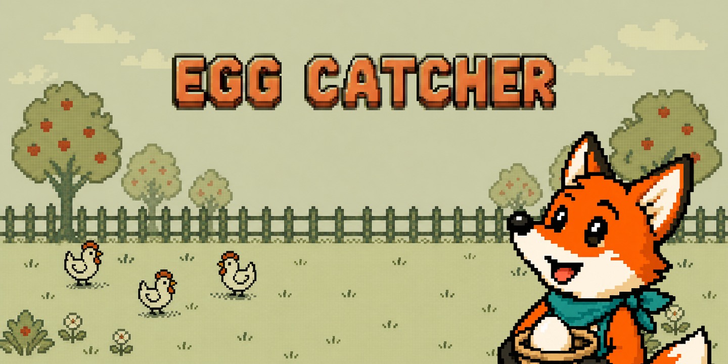 Egg Catcher LCD fox, title and chickens in a pixel-art farm scene